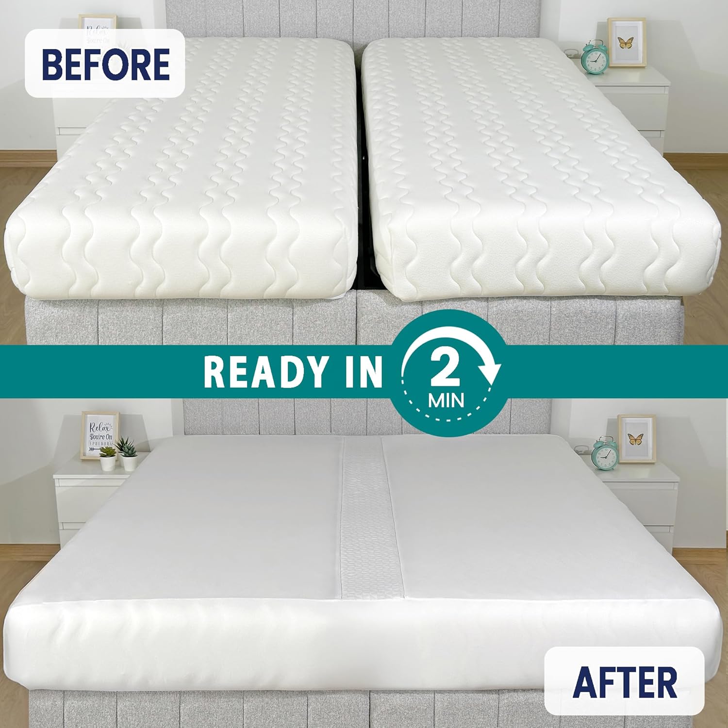 3-in-1 Fitted Sheet Attached Bed Bridge Twin (XL) to King Converter Kit with Sheet Strap Set | Split King Gap Filler for Adjustable Bed | White