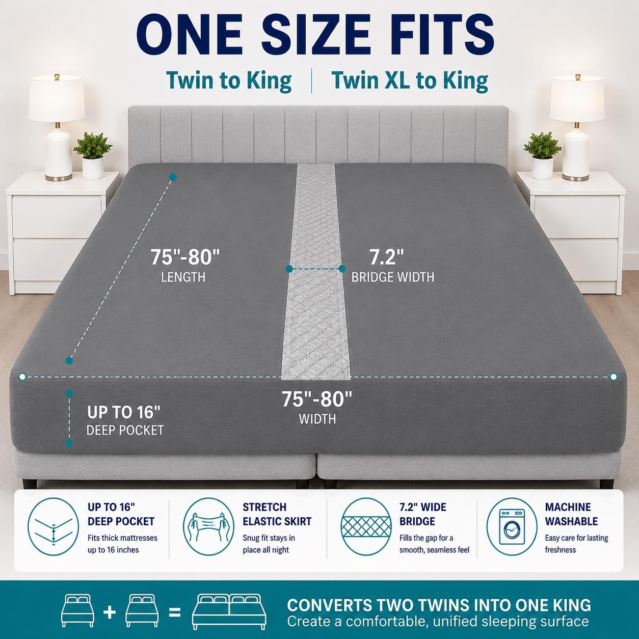 3-in-1 Fitted Sheet Bed Bridge - Grey