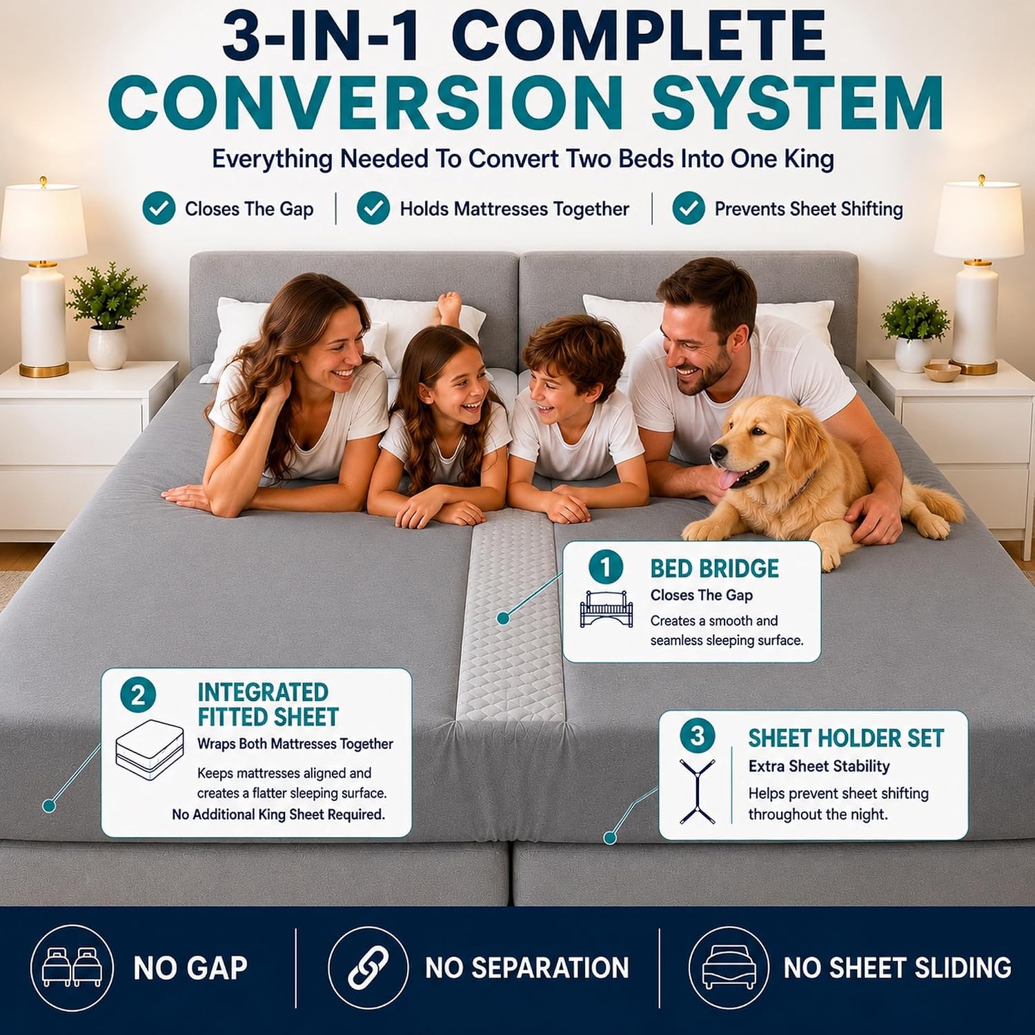 3-in-1 Fitted Sheet Bed Bridge - Grey