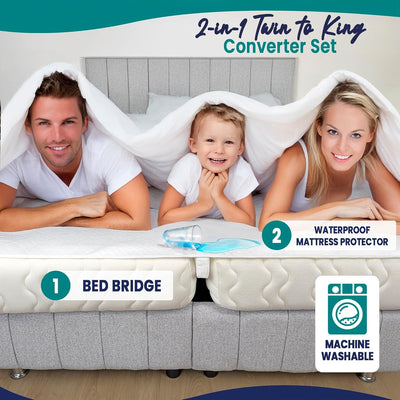 2-in-1 Bed Bridge Twin to King Converter with Waterproof Mattress Protector & Elastic Straps | Split King Gap Filler for Adjustable Bed | Non-Slip Bottom | 75"