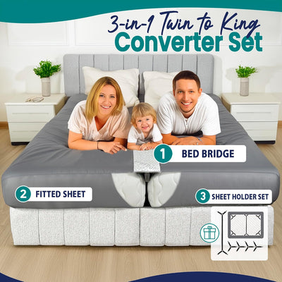 3-in-1 Fitted Sheet Attached Bed Bridge Twin (XL) to King Converter Kit with Sheet Strap Set | Split King Gap Filler for Adjustable Bed | Grey