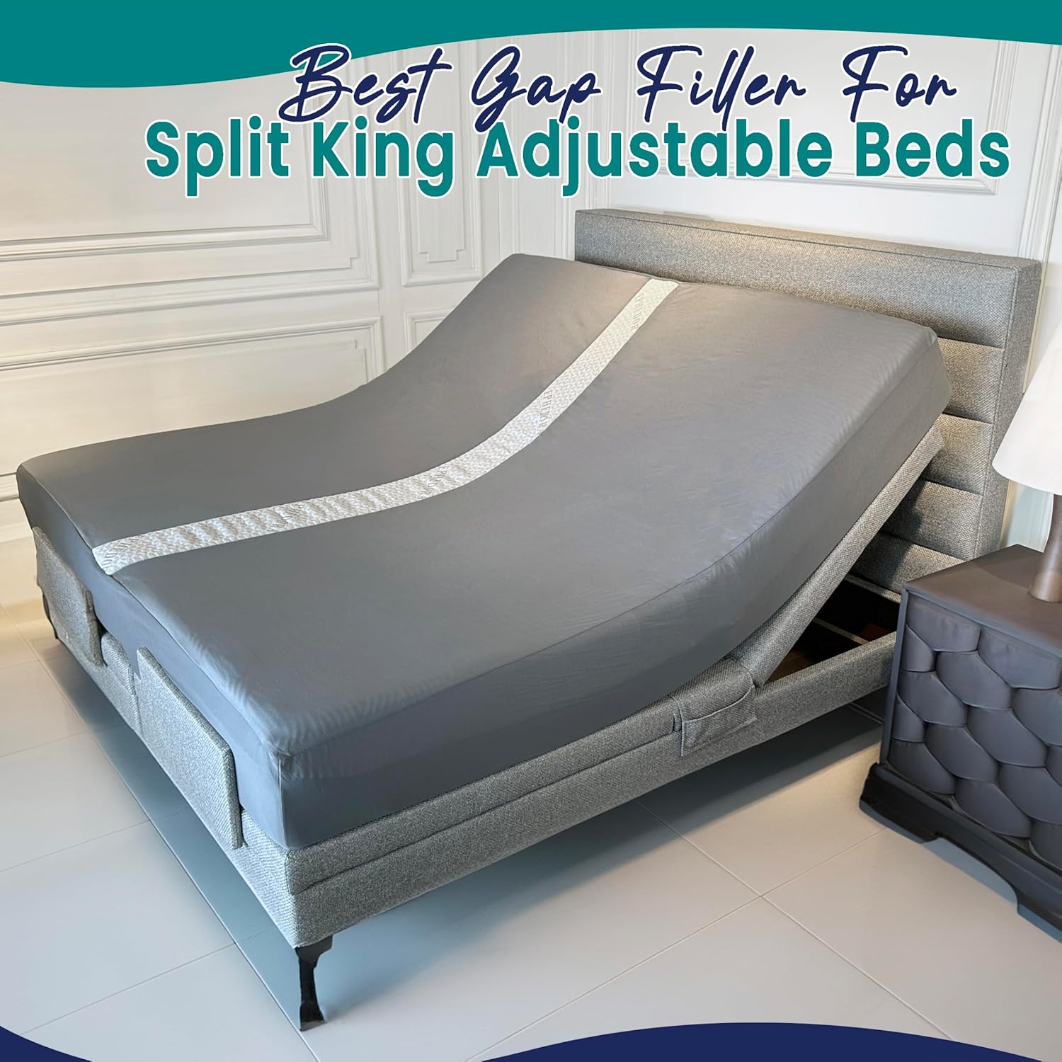 3-in-1 Fitted Sheet Attached Bed Bridge Twin (XL) to King Converter Kit with Sheet Strap Set | Split King Gap Filler for Adjustable Bed | Grey