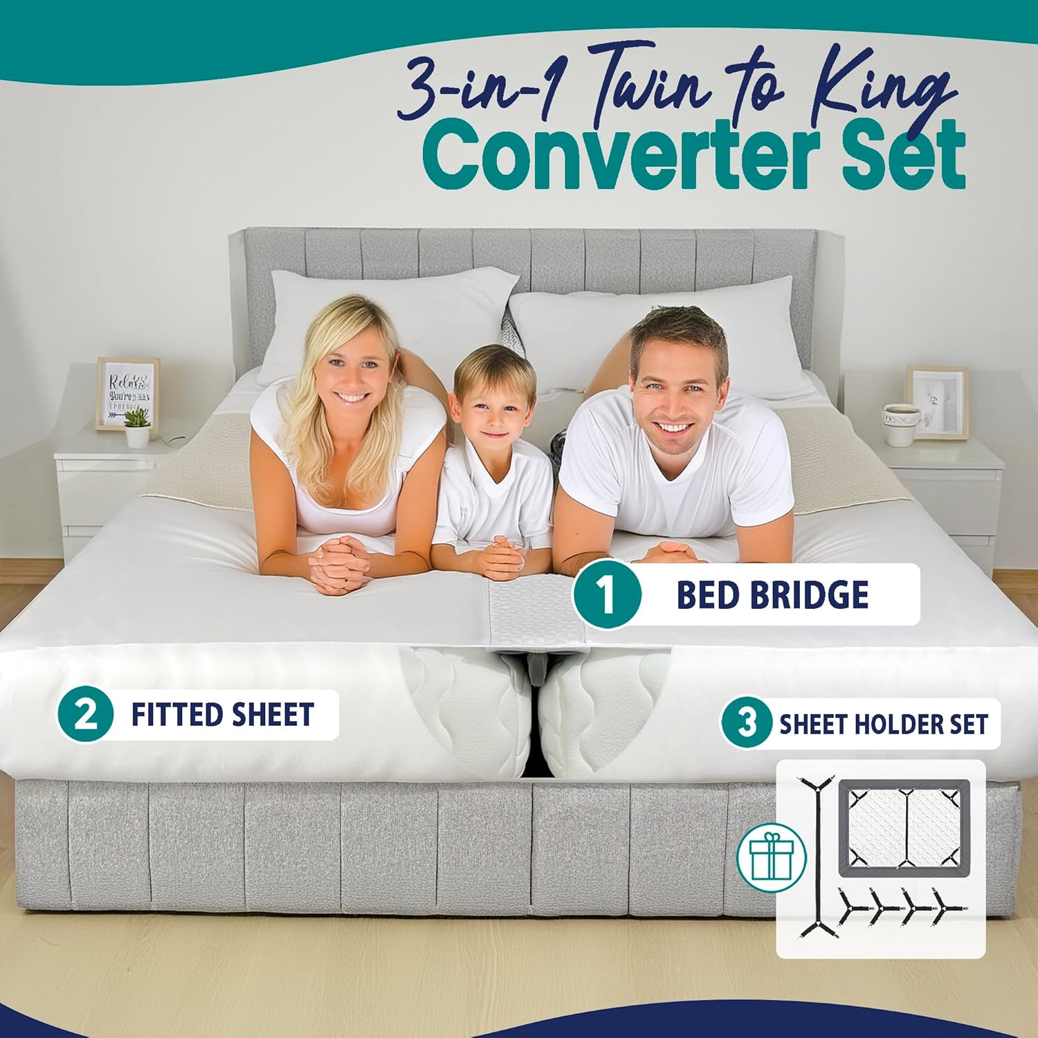 3-in-1 Fitted Sheet Attached Bed Bridge Twin (XL) to King Converter Kit with Sheet Strap Set | Split King Gap Filler for Adjustable Bed | White