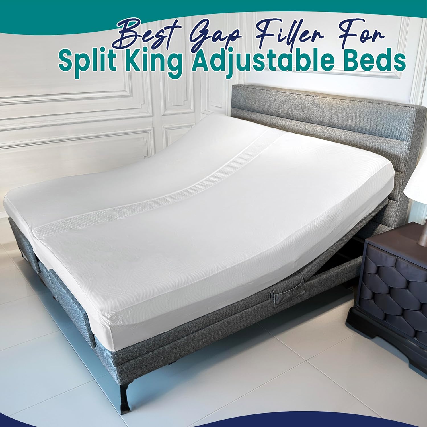 3-in-1 Fitted Sheet Attached Bed Bridge Twin (XL) to King Converter Kit with Sheet Strap Set | Split King Gap Filler for Adjustable Bed | White