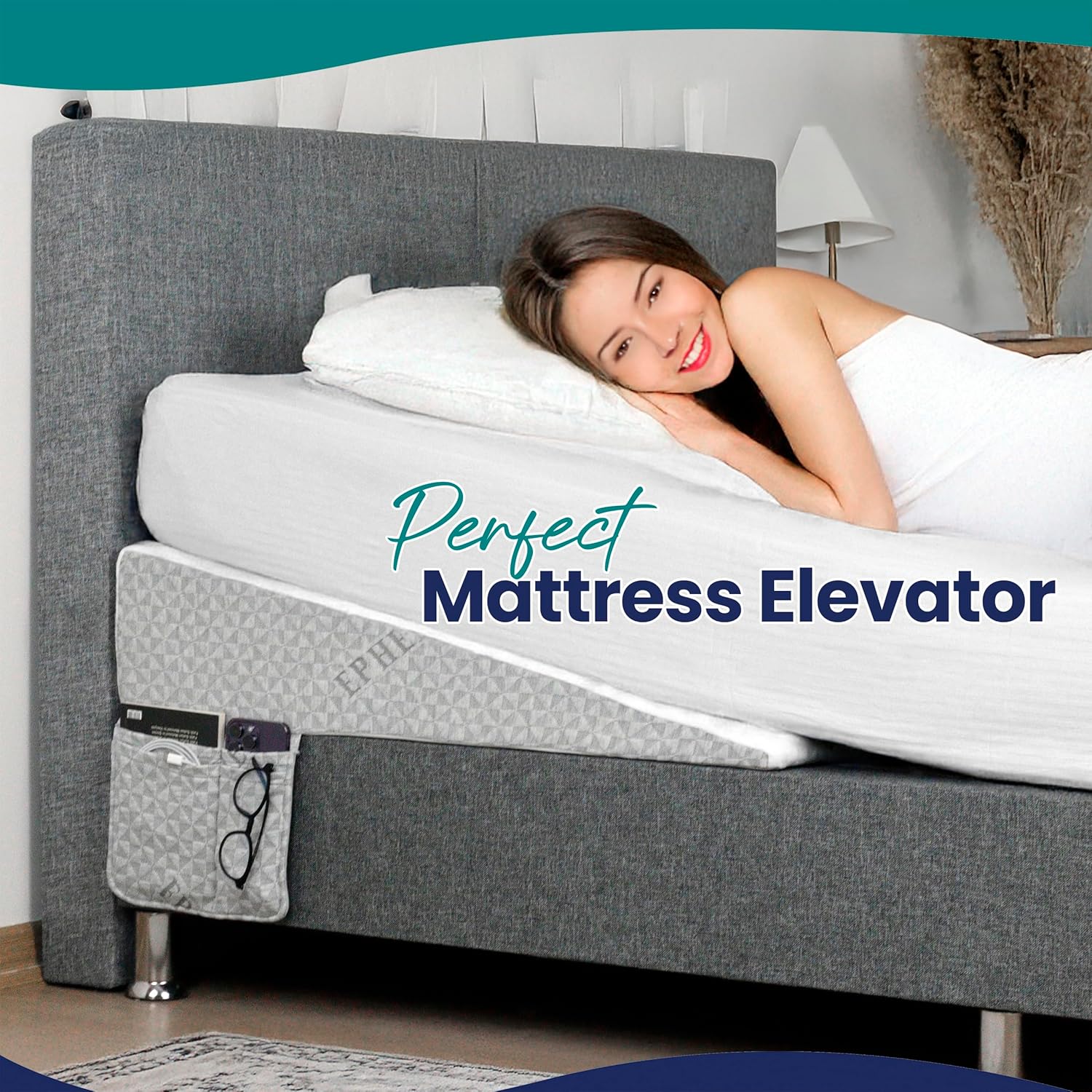 Under Mattress Wedge for Acid Reflux – King Size Bed Wedge Riser – 7.5-Inch Incline Topper with Memory Foam, Non-Slip Bottom, and Side Storage Pockets