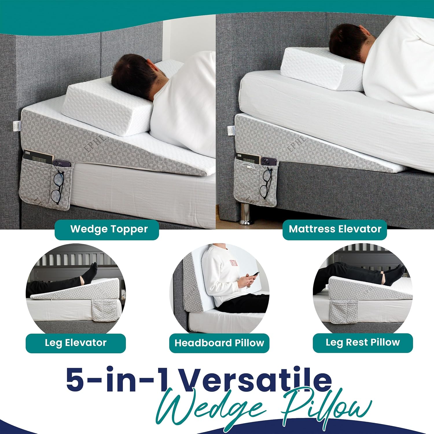 Under Mattress Wedge for Acid Reflux – King Size Bed Wedge Riser – 7.5-Inch Incline Topper with Memory Foam, Non-Slip Bottom, and Side Storage Pockets