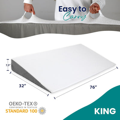 Under Mattress Wedge for Acid Reflux – King Size Bed Wedge Riser – 7.5-Inch Incline Topper with Memory Foam, Non-Slip Bottom, and Side Storage Pockets