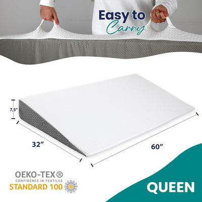 Under Mattress Wedge for Acid Reflux, Queen Size Bed Wedge, Under Support & Mattress Riser, Memory Foam Top 7.5-Inch Head Riser Incline Topper, Non-Slip Bottom & Side Storage Pockets
